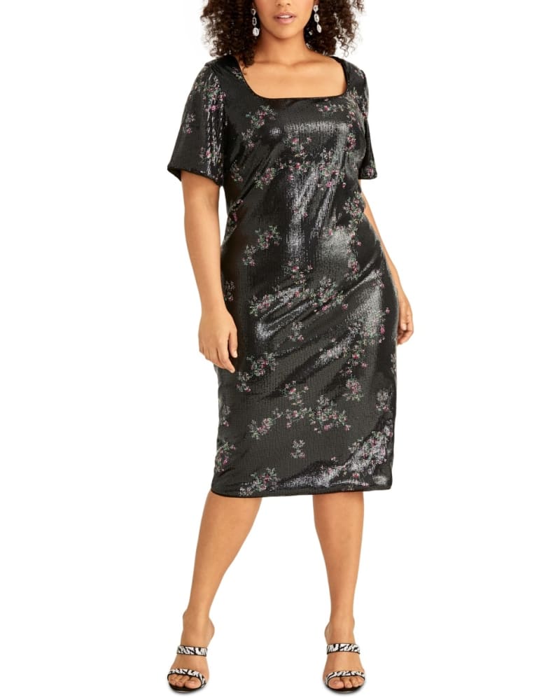 Front of a model wearing a size 20W Rachel Roy Women's Trendy Plus Floral Sequin Dress Black Size 20W in Black by Rachel Roy. | dia_product_style_image_id:313018